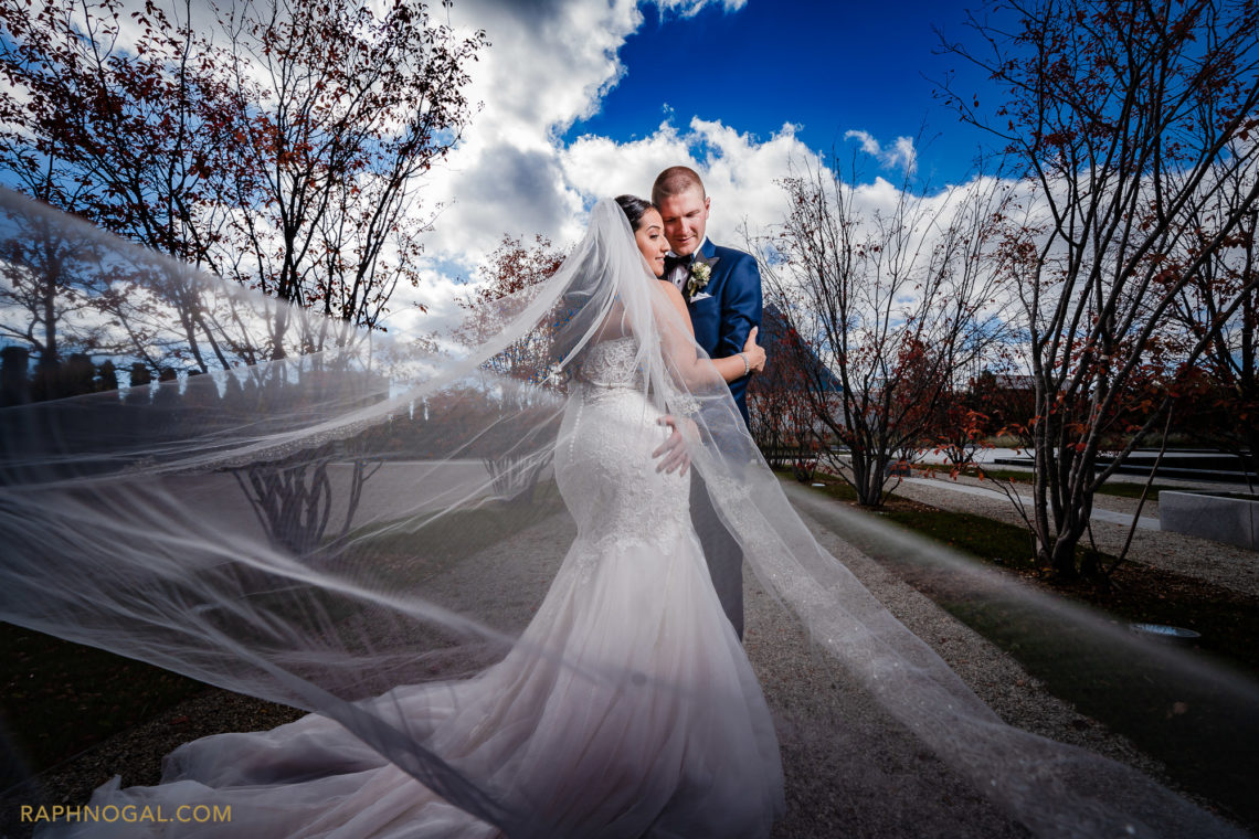 Bride and Groom dramatic photo at the grounds of Aga Khan Museum