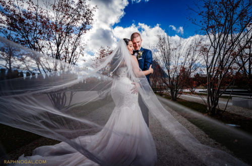 Bride and Groom dramatic photo at the grounds of Aga Khan Museum